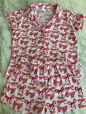 Girls Pink Bow-Print Short Pajama Set